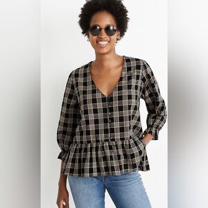 Madewell courtyard ruffle hem top metallic plaid size XXS